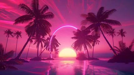 Foto op Plexiglas Illustration of a tropical background with sunset or dawn in neon light in retro style. Palm trees and the sun © Prasanth