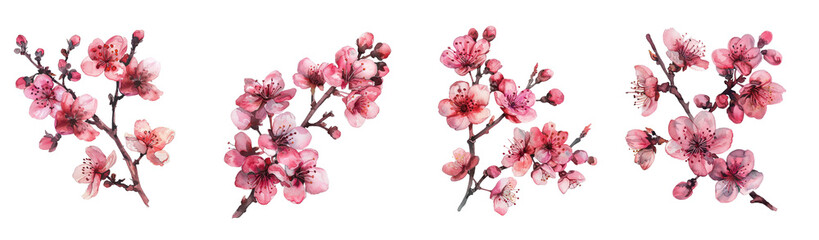 Watercolor cherry blossom, sakura set on transparent background.