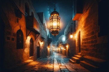 a traditional Ramadan lantern lighting up an old street during a quiet night
