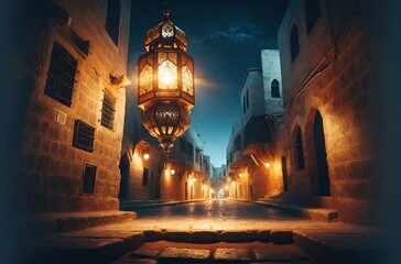 a traditional Ramadan lantern lighting up an old street during a quiet night