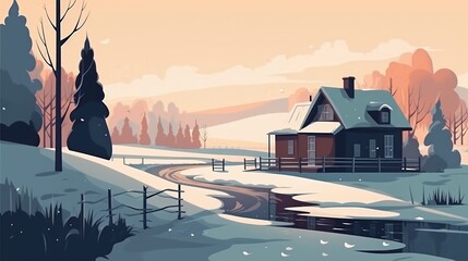 Winter landscape with house. Generative AI