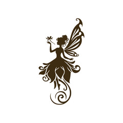 Dark Brown and White Illustration of Fairy Silhouette