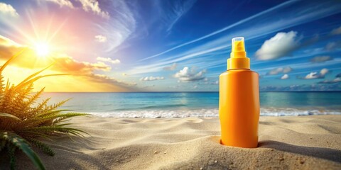 Summer sunscreen spray ads on bokeh beach background with palm leaves in 3d illustration