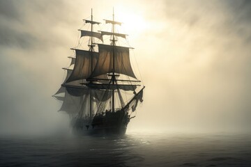 Obraz premium Phantom ship sailing on a foggy sea.