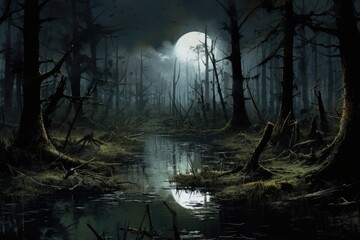 Moonlit swamp with crooked trees.