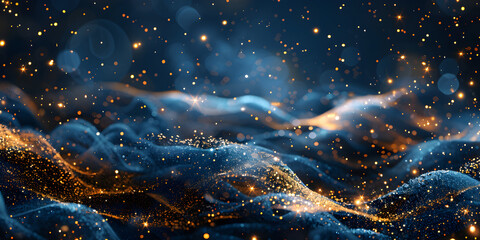 Abstract background with gold stars particles and abstract background with dark blue and gold sparks and dusk , blue gold flowing motion  glowing particles wave on dark background wallpaper  - obrazy, fototapety, plakaty