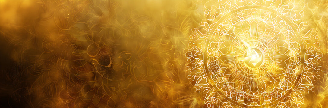 Sacred geometric mandala web banner. Mandala isolated on spiritual gold background with copy space.