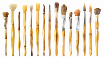 Variety of Watercolor Brushes with Wooden Handles - obrazy, fototapety, plakaty