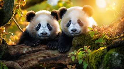 Twin panda cubs watching from their perch in the forest. Generative ai.