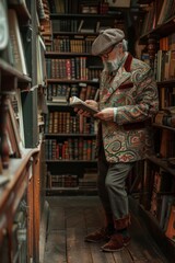 Elderly Scholar Reading Intently in a Cozy, Vintage Library Eclectic Grandpa' Aesthetic.