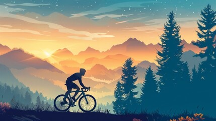 A man is riding a bicycle in a forest with mountains in the background