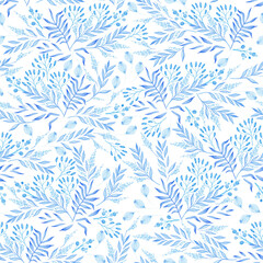 Botanical seamless pattern illustration with blue branches and leaves over a white background. Spring and summer theme.