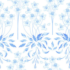 Botanical seamless pattern illustration with blue and azure branches , leaves and cherry flowers over a white background. Spring and summer theme.
