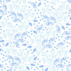 Botanical seamless pattern illustration with blue and azure branches , leaves and wildflowers over a white background. Spring and summer theme.