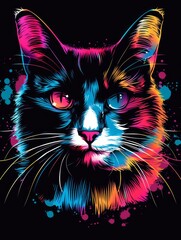 Vibrant Neon Portrait of a Cat on Dark Background. - 790713011