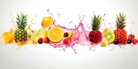  Fruit explosion with juice splash on white transparent background, Collection of fruit juice colorful splashes isolated on white background, Healthy fruit mix juices
 
