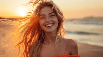 Stunning blonde woman in a flowing orange dress, smiling on the beach at sunset with her long hair in the wind.