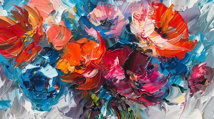 Abstract brushstrokes of oil paint evoke the delicate beauty of flowers in full bloom.