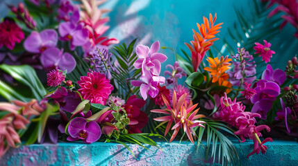 Tropical flowers in shades of fuchsia purple and turquoise cascade down the sides of the podium creating a striking and memorable. - obrazy, fototapety, plakaty