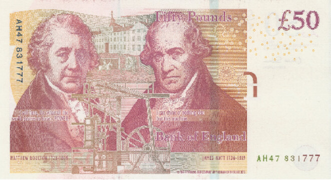 Vector reverse high poly pixel mosaic banknote of Great Britain or England. Denominations of bill 50 pounds 2010. Game money of flyer. Part 2