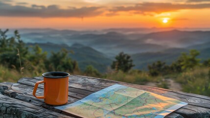 Orange camping mug with coffee on a wooden table with a map at sunrise in the mountains