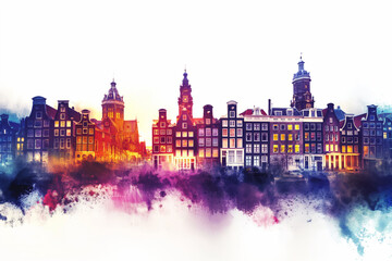 Amsterdam panorama. Nighttime watercolor of cityscape with magenta sky and illuminated buildings. Generative AI