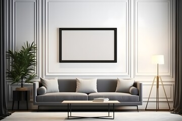 Modern living room. Poster frame on the wall of the living room. room with sofa and lcd tv. Photo Frame Mockup Luxurious apartment background