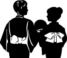 バナー　夏　浴衣　花火大会　男性　女性　シルエット　手描き　和風　フレーム　背景　イラスト　白黒