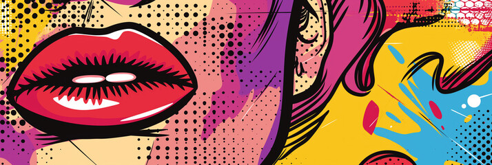 Pop art illustration. Closeup purple lipstick lips in a pop art style with bold magenta eyelashes. Generative AI