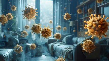 A 3D rendering of a living room with  SARS-CoV-2 virus particles floating in the air.