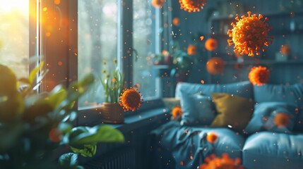 A 3D rendering of a living room with a large window, plants, and a couch. The room is filled with floating viruses. - obrazy, fototapety, plakaty