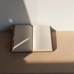 An open book bathed in sunlight on a wooden table, embodying a serene and studious atmosphere