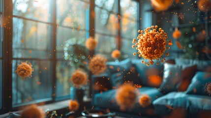 Orange virus floating around in a living room - obrazy, fototapety, plakaty