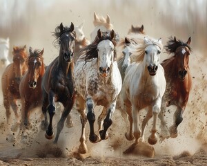 A herd of wild horses is running across the desert.