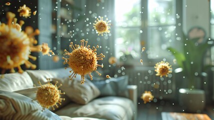 microscopic view of virus spreading in the air - obrazy, fototapety, plakaty