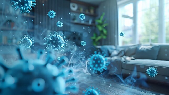 Blue virus particles floating in a room