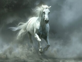A white horse with a long flowing mane and tail is running through a field of tall grass. The horse is surrounded by a cloud of dust.