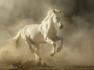 A white horse with long flowing mane and tail is running through a field of tall grass. The horse is surrounded by a cloud of dust and is moving very quickly.