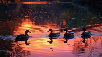 Four ducks swimming in a lake at sunset.