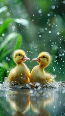 Two cute ducklings are playing in the rain.