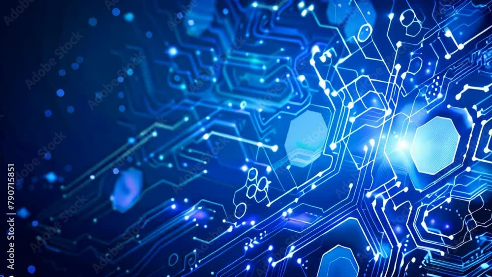 Poster a blue abstract technology background with white hexagon and circuit lines
