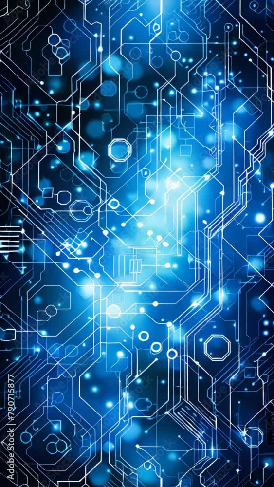 Poster a blue abstract technology background with white hexagon and circuit lines
