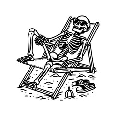 chill skeleton sitting on beach chair wearing sun glasses vector art illustration