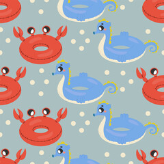 seamless pattern, swimming lap in the shape of a crab and a seahorse, children's inflatable