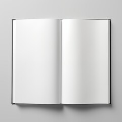 An open hardcover book with blank white pages on a neutral background