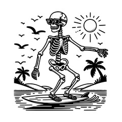 chill skeleton surfing on wave beach wearing sun glasses vector art illustration