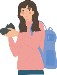 Camera Taking Pictures,  Female Traveler with Backpack Tourist Travel Character Illustration Graphic Cartoon Art