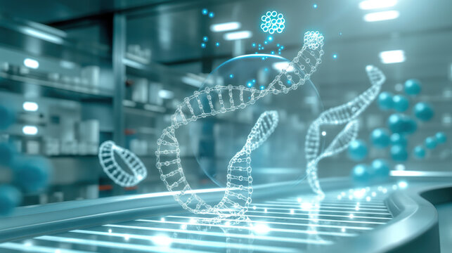 Futuristic Laboratory with Holographic DNA Structure Visualization