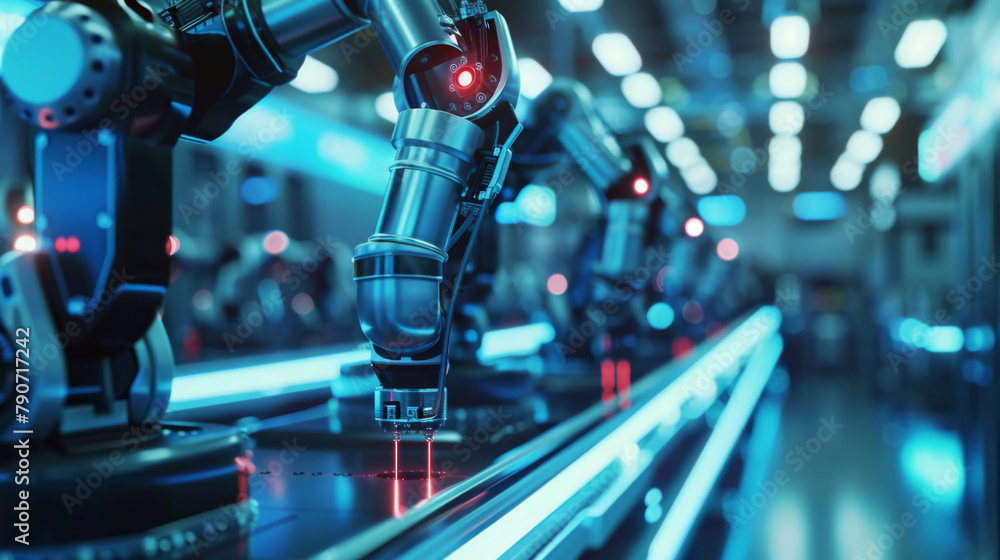 Poster industrial robotic arms with red lights operating on an assembly line in a technology-driven factory