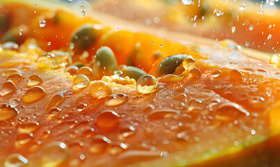 Papaya fruit banner with water drops, generated ai